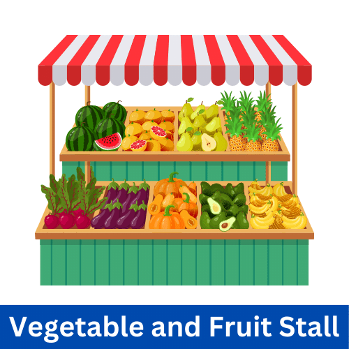 Fresh vegetable and fruit stall in a village market, showcasing locally grown produce.