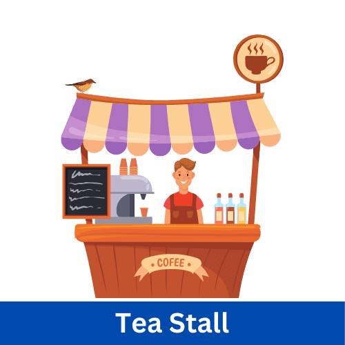 Village tea stall with steaming chai, coffee, and snacks like samosas and pakoras
