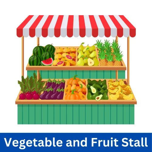 Fresh vegetable and fruit stall in a village market, showcasing locally grown produce.