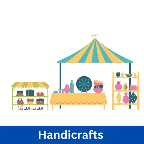Village artisans creating handicrafts like pottery, fabrics, and wooden ornaments for sale.