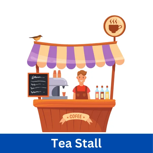 Village tea stall with steaming chai, coffee, and snacks like samosas and pakoras