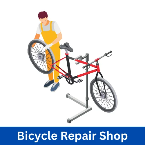 Bicycle repair shop in a rural area, with tools and bike parts for maintenance and repairs.