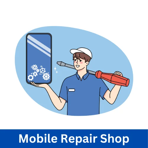 Mobile repair shop in a village, fixing phones and tablets with basic tools and spare parts
