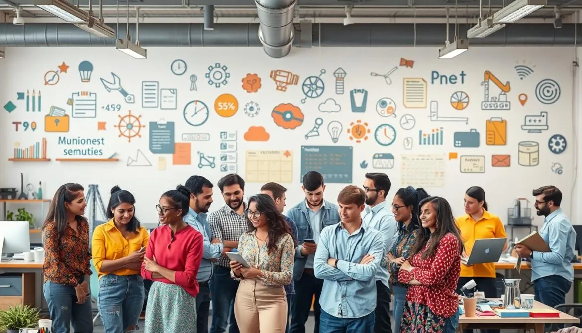 A diverse group of small business owners gathered in a modern office space, showcasing various industries like manufacturing, textiles, and technology. In the background, there are visual representations of small-scale