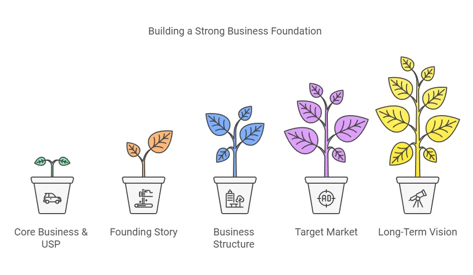 Infographic illustrating stages of building a business foundation, from core business and USP to long-term vision, depicted by progressively taller plants in pots with corresponding icons.