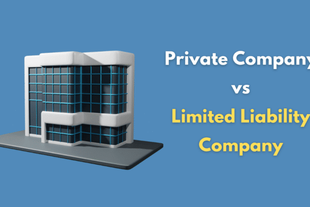 3D illustration of a modern building on a blue background. Text reads "Private limited vs LLP (Limited Liability Company)" in white and yellow.