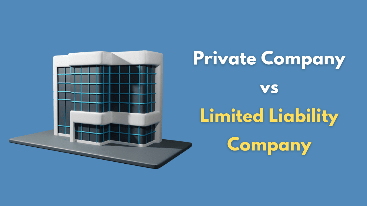 3D illustration of a modern building on a blue background. Text reads "Private limited vs LLP (Limited Liability Company)" in white and yellow.